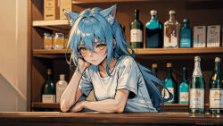 Rule 34 | 1girl, absurdres, ai-assisted, aina (iodoff), alcohol, animal ear fluff, animal ears, arm support, artist name, bar (place), blue hair, blurry, blurry background, blush, bottle, breasts, cat ears, cat girl, closed mouth, counter, elbow rest, extra ears, hair behind ear, hair between eyes, hand on own face, head rest, highres, indoors, iodoff, light blue hair, long hair, looking at viewer, making-of available, original, paid reward available, patreon logo, patreon username, shelf, shirt, short sleeves, sidelocks, sitting, small breasts, solo, t-shirt, table, upper body, watermark, white shirt, yellow eyes