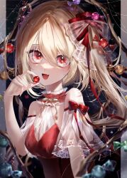 Rule 34 | 1girl, :d, absurdres, alternate costume, blonde hair, bow, candy, commentary, fang, flandre scarlet, food, highres, looking at viewer, one side up, open mouth, red bow, red eyes, smile, solo, touhou, upper body, wings, yukia (yukia 777)