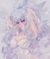 1girl absurdres animal_ears armpits arms_behind_head artist_name blue_hair breasts cleavage closed_mouth fae_(whitefae) final_fantasy final_fantasy_xiv grey_hair highres large_breasts leotard long_hair looking_at_viewer parted_lips purple_eyes rabbit_ears see-through_clothes see-through_sleeves solo upper_body viera warrior_of_light_(ff14) white_leotard