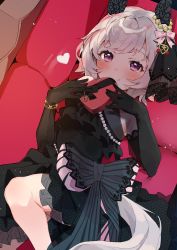 Rule 34 | 1girl, absurdres, armpit crease, black dress, black gloves, blush, bow, box, breasts, closed mouth, couch, curren chan (ma sheri) (umamusume), curren chan (sakutsuki ma cherie) (umamusume), curren chan (umamusume), dress, dress bow, ear covers, elbow gloves, feet out of frame, frilled dress, frills, gloves, greyscale, heart, heart-shaped box, heart print, highres, horse girl, horse tail, lying, monochrome, on back, purple eyes, short hair, small breasts, smile, solo, tail, umamusume, usukawa (uskw sr)
