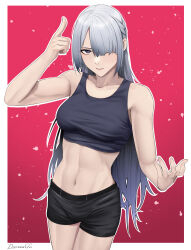 Rule 34 | 1girl, abs, ak-15 (girls&#039; frontline), alternate costume, arm up, artist name, bike shorts, black shorts, black sports bra, border, braid, breasts, collarbone, commentary, crop top, darkpulsegg, english commentary, feet out of frame, girls&#039; frontline, grey hair, hair over one eye, highres, index finger raised, light blush, long bangs, long hair, looking at viewer, medium breasts, muscular, muscular female, navel, open mouth, parted lips, pink background, purple eyes, shorts, solo, sports bra, sportswear, standing, stomach, white border