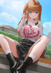 Rule 34 | 1girl, absurdres, bench, black footwear, black skirt, blue eyes, boots, breasts, brown hair, building, cloud, collarbone, commentary request, earphones, heart, hedge, highres, large breasts, long hair, original, outdoors, parted lips, paw print, plaid, plaid skirt, rushian, shirt, single earphone removed, sitting, sitting on stairs, skirt, sky, socks, solo, stairs, twintails, white shirt, white socks