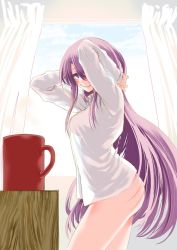 Rule 34 | 1girl, arms behind head, arms up, ass, breasts, cup, curtains, feet out of frame, hair over one eye, highres, indoors, jitsu wa watashi wa, large breasts, long hair, looking at viewer, masuda eiji, mole, mole under eye, mug, official art, parted bangs, parted lips, profile, purple eyes, purple hair, shirt, shishido shiho, smile, solo, standing, thighs, very long hair, white shirt