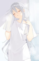 1girl buran_buta closed_eyes collarbone commentary commission drying drying_hair hands_up highres indoors long_hair long_shirt original parted_lips shirt skeb_commission solo sweat t-shirt towel towel_around_neck upper_body white_hair white_shirt