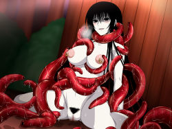 Rule 34 | 1girl, black hair, grabbing another&#039;s breast, breasts, censored, collar, creature, female focus, game cg, grabbing, hagoromo gitsune, heavy breathing, large breasts, legs, long hair, mosaic censoring, nipples, nude, nurarihyon no mago, piercing, pussy, sitting, smile, spec (artist), sweat, tentacles
