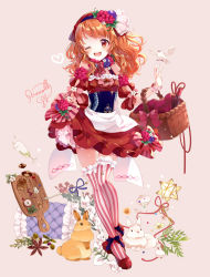 Rule 34 | 1girl, ;d, aikatsu!, aikatsu! (series), animal, apron, basket, beige background, bird, blueberry, blueberry hair ornament, bottle, bow, champagne flute, checkerboard cookie, commentary request, cookie, corset, cup, cutting board, detached sleeves, dress, drinking glass, flower, food, food-themed clothes, food-themed hair ornament, fork, frilled thighhighs, frills, fruit, full body, hair ornament, headdress, key, long hair, looking at viewer, one eye closed, open mouth, orange hair, ozora akari, petticoat, pink thighhighs, puffy sleeves, puracotte, rabbit, raspberry, raspberry hair ornament, red dress, red eyes, red footwear, red headwear, shoes, signature, simple background, skirt hold, smile, solo, standing, striped bow, striped clothes, striped thighhighs, thigh gap, thighhighs, vertical-striped clothes, vertical-striped thighhighs, waist apron, wrist cuffs, zettai ryouiki
