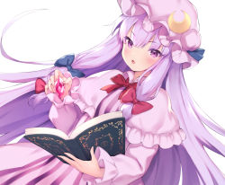 Rule 34 | 1girl, :o, blue bow, blue ribbon, blush, book, bow, bowtie, capelet, commentary request, crescent, crescent hair ornament, crystal, dress, hair between eyes, hair bow, hair ornament, hat, hat ribbon, holding, holding book, long hair, mob cap, parted lips, patchouli knowledge, pokachu, purple capelet, purple dress, purple eyes, purple hair, purple hat, red bow, red bowtie, ribbon, sidelocks, simple background, solo, striped clothes, striped dress, touhou, upper body, vertical-striped clothes, vertical-striped dress, very long hair, white background, wing collar