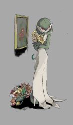 Rule 34 | 1girl, apios, basket, bouquet, creatures (company), flower, full body, game freak, gardevoir, gen 3 pokemon, green hair, grey background, hands up, highres, looking back, nintendo, no mouth, own hands together, painting (object), pokemon, pokemon (creature), pokemon rse, red eyes, red flower, short hair, simple background, solo, standing, sunflower, yellow flower