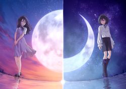 Rule 34 | 2girls, absurdres, ahoge, black footwear, black hair, black shorts, boots, closed mouth, commentary, crescent moon, dress, dual persona, english commentary, full body, full moon, glasses, hair between eyes, high heels, highres, huge filesize, knee boots, long hair, long sleeves, lusan666, moon, multiple girls, night, night sky, original, outdoors, parted lips, pinafore dress, purple dress, purple eyes, reflection, reflective water, shirt, shoes, short hair, short sleeves, shorts, sky, sleeveless dress, split screen, standing, star (sky), starry sky, v arms, white shirt