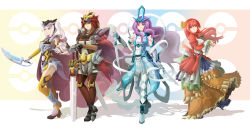 Rule 34 | 00s, 4girls, armor, bad id, bad pixiv id, blue thighhighs, boots, brown hair, brown legwear, cape, creatures (company), crossed legs, dress, entei, game freak, gen 2 pokemon, gloves, greaves, hair ornament, headpiece, high heels, ho-oh, holding, holding sword, holding weapon, legendary pokemon, long hair, lord jack, mask, multiple girls, nintendo, personification, poke ball symbol, pokemon, pokemon hgss, purple hair, raikou, red eyes, red hair, ribbon, shadow, simple background, suicune, sword, thighhighs, twintails, unworn mask, very long hair, weapon, white hair, yellow eyes, yellow legwear