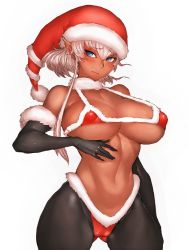 Rule 34 | 1girl, bare shoulders, black gloves, blue eyes, breasts, cameltoe, dark skin, dark-skinned female, elbow gloves, fang, fumio (rsqkr), gloves, gluteal fold, hat, large breasts, looking at viewer, midriff, navel, original, pantyhose, pointy ears, santa costume, santa hat, short hair, simple background, solo, thick thighs, thighs, white background, white hair
