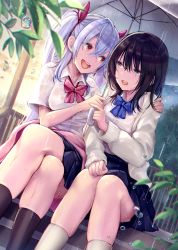 Rule 34 | 2girls, :d, black hair, black legwear, blue bow, blue eyes, blue neckwear, blue skirt, bow, bowtie, branch, breasts, cardigan, crossed legs, dress shirt, dutch angle, eye contact, feet out of frame, fence, friends, hair between eyes, hair ribbon, hand on another&#039;s shoulder, highres, holding, holding umbrella, legs, long hair, long sleeves, looking at another, mappaninatta, medium breasts, miniskirt, mole, mole under mouth, multiple girls, open cardigan, open clothes, open mouth, original, pleated skirt, rain, red bow, red eyes, red neckwear, red ribbon, ribbon, round teeth, school uniform, see-through, shared umbrella, shirt, shirt tucked in, short sleeves, silver hair, sitting, skindentation, skirt, smile, socks, sweater, teeth, twintails, umbrella, upskirt, wet, wet clothes, wet shirt, white cardigan, white legwear, white shirt, white sweater