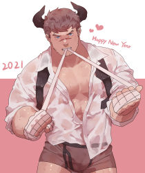 1boy 2021 abs absurdres bandages bara bare_pectorals blue_eyes boxer_briefs brown_male_underwear bulge chinese_zodiac cow_boy cow_horns cowboy_shot facial_hair guoguo happy_new_year highres horns large_pectorals looking_at_viewer pectoral_cleavage male_focus male_underwear muscular muscular_male new_year open_clothes open_shirt original pectorals scar scar_on_face scar_on_nose see-through_clothes shirt short_hair solo stomach stubble thighs underwear wet wet_clothes wet_shirt year_of_the_ox