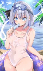 Rule 34 | 1girl, absurdres, alternate costume, blue eyes, breasts, cloud, commentary request, covered navel, daru (kumakumadon), day, food, goggles, goggles on head, grey hair, highres, hitodama, holding, holding food, horizon, konpaku youmu, konpaku youmu (ghost), looking at viewer, medium breasts, medium hair, one-piece swimsuit, outdoors, popsicle, solo, swimsuit, touhou, water, white one-piece swimsuit, wide hips