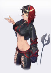 Rule 34 | 1girl, absurdres, black hair, black jacket, black nails, black pants, black shirt, blue eyes, breasts, chain, closed mouth, covered erect nipples, crop top, cropped jacket, demon girl, demon tail, grey background, halterneck, highres, horns, jacket, kikken, large breasts, long sleeves, looking at viewer, multicolored hair, nail polish, nanashi inc., navel, oni horns, open clothes, open jacket, pants, red hair, revealing clothes, ryugasaki rene, ryugasaki rene (1st costume), shirt, short hair, simple background, sleeves past fingers, sleeves past wrists, smile, solo, stomach, sugar lyric, tail, tusks, two-tone hair, underboob, virtual youtuber