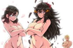Rule 34 | 1boy, 2girls, ahoge, arm tattoo, black hair, blonde hair, blush, bow, breasts, cleavage, collarbone, commentary, crossed arms, english commentary, english text, feathers, grey eyes, hair bow, heart, highres, large breasts, lewdamone, long hair, looking at viewer, multiple girls, muscular, muscular male, navel, nude, petals, raven branwen, red eyes, rwby, short hair, simple background, stomach, summer rose, taiyang xiao long, tattoo, white background