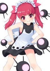 Rule 34 | 1girl, bare arms, bare legs, bare shoulders, black dress, closed mouth, dress, feet out of frame, hands on own hips, head tilt, headdress, kemurikusa, legs apart, long hair, looking at viewer, pensuke, red eyes, red hair, rina (kemurikusa), simple background, sleeveless, sleeveless dress, smile, solo, standing, thighs, twintails, v-shaped eyebrows, white background