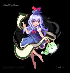 Rule 34 | 1girl, artist name, barefoot, black background, blue dress, blue hair, blue headwear, bow, commentary, dated, dress, english commentary, full body, horn bow, horn ornament, horns, kamishirasawa keine, king liu, long hair, looking at viewer, mixed-language commentary, neckerchief, open mouth, pink bow, pixel art, red eyes, red neckerchief, scroll, short sleeves, simple background, sukusuku hakutaku, teeth, touhou, upper teeth only