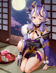 Rule 34 | 1girl, ;), absurdres, bare shoulders, blue hair, blush, breasts, cherry blossoms, cleavage, closed mouth, crescent, crescent hair ornament, cup, fang, fang out, full body, full moon, fur, hair between eyes, hair ornament, hair stick, hair tubes, highres, hongye feixue, horns, indoors, japanese clothes, kimono, long hair, long sleeves, looking at viewer, medium breasts, mole, mole under mouth, moon, night, nijisanji, no panties, o-ring, o-ring top, obi, off shoulder, one eye closed, oni, pointy ears, pom pom (clothes), purple eyes, purple kimono, rindou mikoto, sash, seiza, short eyebrows, sitting, skin-covered horns, sleeves past wrists, sliding doors, smile, solo, tokkuri, tray, virtual youtuber, wide sleeves