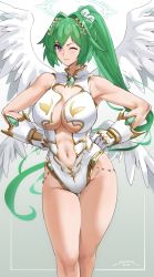 Rule 34 | 1girl, bare shoulders, blush, breasts, center opening, cleavage, closed mouth, feathered wings, four goddesses online: cyber dimension neptune, gloves, gradient background, green hair, green heart (neptunia), halo, highleg, highleg leotard, highres, large breasts, leotard, long hair, looking at viewer, navel, neptune (series), one eye closed, ponytail, purple eyes, sendo (sendrawz), smile, solo, thigh gap, thighs, white gloves, white leotard, wings