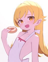 Rule 34 | 1girl, arched back, armpit crease, backless dress, backless outfit, blonde hair, blush, collarbone, doughnut, dress, eyelashes, fang, film grain, flat chest, food, gradient background, grey background, hand up, highres, holding, long hair, looking at viewer, monogatari (series), open mouth, oshino shinobu, pointy ears, shadow, shimizu tomoki, sidelocks, skinny, sleeveless, sleeveless dress, solo, upper body, vampire, white background, white dress, yellow eyes