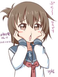 Rule 34 | 10s, 1girl, 2015, blush stickers, brown eyes, brown hair, dated, folded ponytail, gurande (g-size), hands on own cheeks, hands on own face, highres, inazuma (kancolle), kantai collection, nanodesu (phrase), neckerchief, necktie, school uniform, serafuku, signature, solo