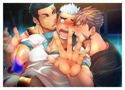 Rule 34 | 3boys, alternate costume, arguing, bara, black hair, blue eyes, blush, brown hair, casual, couple, crow (siranui), earrings, facial hair, facial mark, grabbing, green eyes, groping, gyee, hand under clothes, hand under shirt, highres, jewelry, large pectorals, long sideburns, male focus, multicolored hair, multiple boys, muscular, one eye closed, open mouth, pectoral grab, pectorals, priapus (gyee), shirt, sideburns, standing, su (gyee), tattoo, upper body, white hair, yan (gyee), yaoi