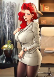 Rule 34 | 1girl, absurdres, black pantyhose, blazer, blurry, blush, bookshelf, breasts, brown pantyhose, chair, cowboy shot, curvy, depth of field, desk, earrings, flower, formal, hair behind ear, hair over one eye, highres, indoors, jacket, jewelry, large breasts, long hair, looking at viewer, mature female, microskirt, miniskirt, mole, mole under eye, office lady, open mouth, original, pantyhose, parted lips, pearl earrings, plant, potted plant, red hair, ring, roborobocap, skirt, skirt suit, solo, standing, suit, sweatdrop, table, watch, wedding band, wedding ring, wristwatch