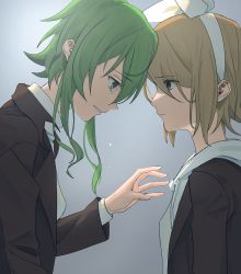 Rule 34 | 2girls, backlighting, black jacket, blonde hair, blue eyes, bow, commentary, crying, crying with eyes open, forehead-to-forehead, from side, green eyes, green hair, grey background, gumi, hair bow, heads together, highres, hood, hoodie, jacket, kagamine rin, multiple girls, outstretched hand, reaching, sad, shirt, short hair, sidelocks, standing, tears, upper body, vocaloid, white bow, white hoodie, white shirt, wounds404