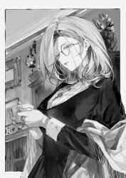 Rule 34 | 1girl, asymmetrical bangs, black dress, border, breasts, ceiling, closet, cup, dress, dreya (path to nowhere), fingernails, glasses, grey border, greyscale, highres, holding, holding cup, indoors, jewelry, lamp, long sleeves, looking down, medium breasts, medium hair, moaomao mo, monochrome, necklace, parted lips, path to nowhere, picture frame, radio, round eyewear, shirt, sidelocks, solo, upper body, vase, wall, white shirt