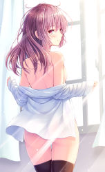 Rule 34 | 1girl, akashio (loli ace), bare shoulders, black thighhighs, breasts, brown hair, commentary, cowboy shot, curtains, day, female focus, floating hair, from behind, highres, indoors, long hair, looking at viewer, looking back, naked shirt, off shoulder, original, pink eyes, pink hair, red eyes, shirt, shoulder blades, sidelocks, skindentation, small breasts, smile, solo, sunlight, thighhighs, white shirt, wind, window