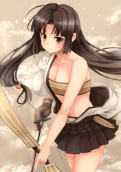 Rule 34 | 10s, 1girl, arrow (projectile), bandeau, black hair, blush, bow, bow (weapon), breasts, brown eyes, brown hair, cleavage, collarbone, hair bow, kantai collection, kouno hikaru, long hair, looking at viewer, navel, personification, shouhou (kancolle), skirt, smile, solo, strapless, tube top, weapon