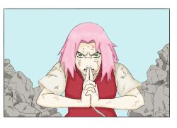 Rule 34 | 1girl, artist request, blue sky, dirty, green eyes, haruno sakura, long hair, looking at viewer, lowres, naruto (series), naruto shippuuden, outdoors, own hands together, pink hair, red shirt, rock, serious, shirt, short sleeves, sky, solo, zipper