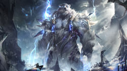 Rule 34 | 1boy, 1other, absurdres, armor, claws, cloud, cowboy shot, furry, furry male, giant, glowing, glowing eye, highres, league of legends, lightning, outdoors, snowing, storm, tattoo, teeth, volibear, white eyes, white fur, wutu (1183238220)