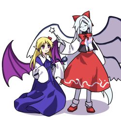 Rule 34 | 2girls, bat wings, black vest, blonde hair, blue dress, closed mouth, collared shirt, colored skin, commentary request, cosplay, costume switch, dress, elis (touhou), elis (touhou) (cosplay), flat chest, full body, hair ribbon, highres, kaigen 1025, long hair, multiple girls, multiple wings, neck ribbon, open clothes, open vest, oversized clothes, pointy ears, purple eyes, red footwear, red ribbon, red skirt, ribbon, sariel (touhou), sariel (touhou) (cosplay), shirt, simple background, skirt, smile, socks, touhou, touhou (pc-98), vest, white background, white hair, white shirt, white skin, white socks, wings