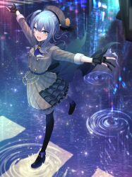 Rule 34 | :d, absurdres, arms up, ascot, belt, black cape, black footwear, black gloves, black thighhighs, blue ascot, blue belt, blue eyes, blue hair, boots, buttons, cape, crown, dress, frills, gloves, grey dress, hat, highres, hololive, hoshimachi suisei, light particles, long sleeves, looking at viewer, mini crown, nanahoshi kou, one side up, open mouth, outstretched arms, partially fingerless gloves, plaid, plaid dress, plaid headwear, reflection, reflective water, ripples, single sidelock, smile, standing, standing on one leg, star (symbol), thighhighs, virtual youtuber
