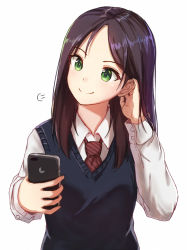 Rule 34 | 1girl, adjusting hair, black hair, blue vest, blush, breasts, brown hair, cellphone, closed mouth, collared shirt, commentary request, eyebrows, green eyes, hand in own hair, head tilt, highres, holding, holding phone, itachi kanade, long hair, looking at phone, medium breasts, necktie, original, phone, red necktie, school uniform, selfie, shirt, simple background, smartphone, smile, smiley face, solo, striped necktie, striped neckwear, sweater vest, uniform, upper body, vest, white background, white shirt