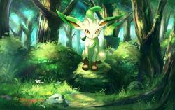Rule 34 | bad id, bad twitter id, brown eyes, bush, closed mouth, commentary request, creatures (company), day, flower, forest, game freak, gen 4 pokemon, grass, leafeon, looking at viewer, nature, nintendo, no humans, outdoors, pokemon, pokemon (creature), rock, rowdon, sitting, solo, tree