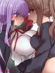 Rule 34 | alternate hairstyle, artist name, bb (fate), bb (fate/extra), black coat, blush, bow, breasts, brown eyes, brown hair, closed mouth, coat, commentary request, fate/extra, fate/extra ccc, fate (series), hair between eyes, hair bow, kishinami hakuno (female), large breasts, long hair, long sleeves, looking at another, looking at viewer, multiple girls, osakana (rrg0123), ponytail, purple eyes, purple hair, red ribbon, ribbon, school uniform, serafuku, tsukumihara academy uniform (fate/extra ccc), twitter username, upper body, white background, yuri