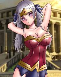 Rule 34 | 1girl, armpits, bare shoulders, black clover, blush, breasts, closed mouth, cosplay, dc comics, grey hair, guolfeich, hair ornament, highres, large breasts, long hair, noelle silva, purple eyes, tagme, tiara, twintails, wonder woman, wonder woman (cosplay)