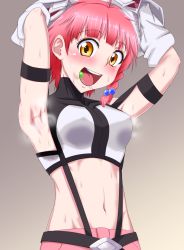 Rule 34 | 10s, 1girl, armpits, arms up, blush, braid, breasts, candy, cross ange, dsc 103, covered erect nipples, food, highres, lollipop, looking at viewer, midriff, navel, open clothes, open mouth, pink hair, short hair, smell, smile, solo, stain, sweat, sweat stain, tagme, undressing, vivian (cross ange), yellow eyes