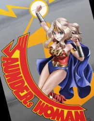 Rule 34 | 10s, 1girl, abazu-red, american flag, blonde hair, blue cape, blue eyes, boots, bracer, breasts, cape, cleavage, commentary request, cosplay, dc comics, english text, flag print, girls und panzer, grin, hair intakes, high heel boots, high heels, kay (girls und panzer), large breasts, leotard, long hair, looking at viewer, multicolored leotard, red footwear, smile, solo, standing, star (symbol), strapless, strapless leotard, tiara, wonder woman, wonder woman (cosplay)