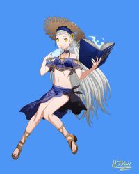 Rule 34 | 1girl, absurdres, bikini, blurry, blurry background, book, breasts, choker, female focus, full body, hat, hayatetsujimoto, highres, lavenza (persona 5), long hair, looking at viewer, nail polish, navel, persona, persona 5, sandals, sarong, small breasts, solo, straw hat, swimsuit, toenail polish, toenails, white hair, yellow eyes