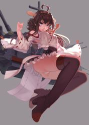 Rule 34 | 10s, 1girl, bojue yu yaojing 695657, brown hair, hairband, highres, japanese clothes, kantai collection, kongou (kancolle), long hair, nontraditional miko, panties, simple background, smile, solo, turret, underwear