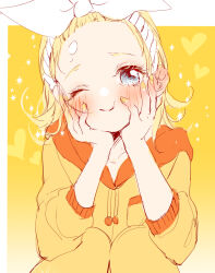 Rule 34 | 1girl, :t, blonde hair, blue eyes, bow, collarbone, eyelashes, flat chest, forehead, hair bow, hair pulled back, hairband, hands on own cheeks, hands on own face, head tilt, heart, highres, hood, hood down, hooded pajamas, kagamine rin, long sleeves, looking at viewer, mimi mine, one eye closed, orange hood, pajamas, puffy cheeks, smile, solo, sparkle, squatting, vocaloid, yellow background, yellow nails, yellow pajamas
