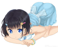 Rule 34 | 1girl, bangle, bare arms, bare shoulders, black hair, blue dress, blue eyes, bracelet, child, commentary request, dress, eyebrows hidden by hair, feet out of frame, flower, hair flower, hair ornament, hairclip, jewelry, kneeling, looking at viewer, original, parted lips, simple background, sleeveless, sleeveless dress, solo, tamakorogashi, watermark, web address, white background, yellow flower