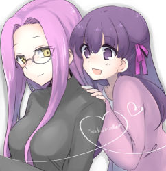 Rule 34 | 2girls, :d, breasts, fate/stay night, fate (series), glasses, hair ribbon, hand on another&#039;s shoulder, heart, large breasts, long hair, lowres, matou sakura, medusa (fate), medusa (rider) (fate), mikaze, multiple girls, open mouth, purple eyes, purple hair, ribbon, signature, smile, square pupils, sweater, turtleneck, turtleneck sweater, yellow eyes