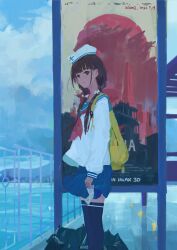Rule 34 | 1girl, artist name, backpack, bag, blue sailor collar, blue skirt, blue thighhighs, blunt bangs, blurry, blurry background, brown eyes, brown hair, dated, flower, hair behind ear, hair flower, hair ornament, hat, highres, holding, long hair, long sleeves, looking to the side, low twintails, movie poster, neckerchief, ocean, original, outdoors, parted lips, pleated skirt, puffy sleeves, railing, red neckerchief, sailor collar, sailor hat, school uniform, serafuku, shirt, skirt, solo, thighhighs, twintails, umbrella, white serafuku, white shirt, xilmo, yellow bag, zettai ryouiki