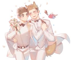 Rule 34 | 2boys, animal ear fluff, animal ears, blonde hair, bouquet, bow, bowtie, bulge, cowboy shot, creature, dog boy, dog ears, dog tail, flower, formal, gondom, holding hands, highres, husband and husband, interlocked fingers, male focus, multiple boys, original, pants, petals, short hair, sideburns, spiked hair, suit, tail, thick eyebrows, wedding, white pants, white suit, yaoi, yellow eyes