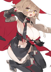 Rule 34 | 1girl, absurdres, black gloves, black thighhighs, blonde hair, blush, bra, breasts, cape, clothing cutout, gem, glint, gloves, hair between eyes, hat, high heels, highres, large breasts, long hair, navel cutout, nijisanji, nui sociere, nui sociere (1st costume), open mouth, panties, red bra, red panties, sh (shinh), simple background, solo, squatting, thighhighs, torn clothes, torn hat, underwear, virtual youtuber, white background, witch hat, yellow eyes